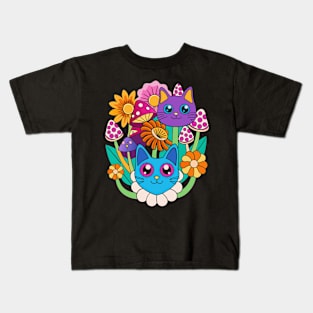 Trippy Cats, Mushrooms and Flowers Kids T-Shirt